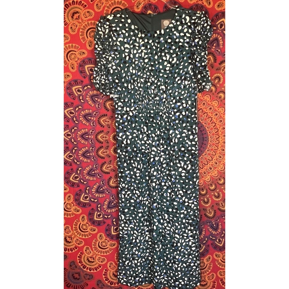 Vince Camuto Size 4 Midi Leopard Teal Dress NWT Ruched Puff Sleeve Black Stretch